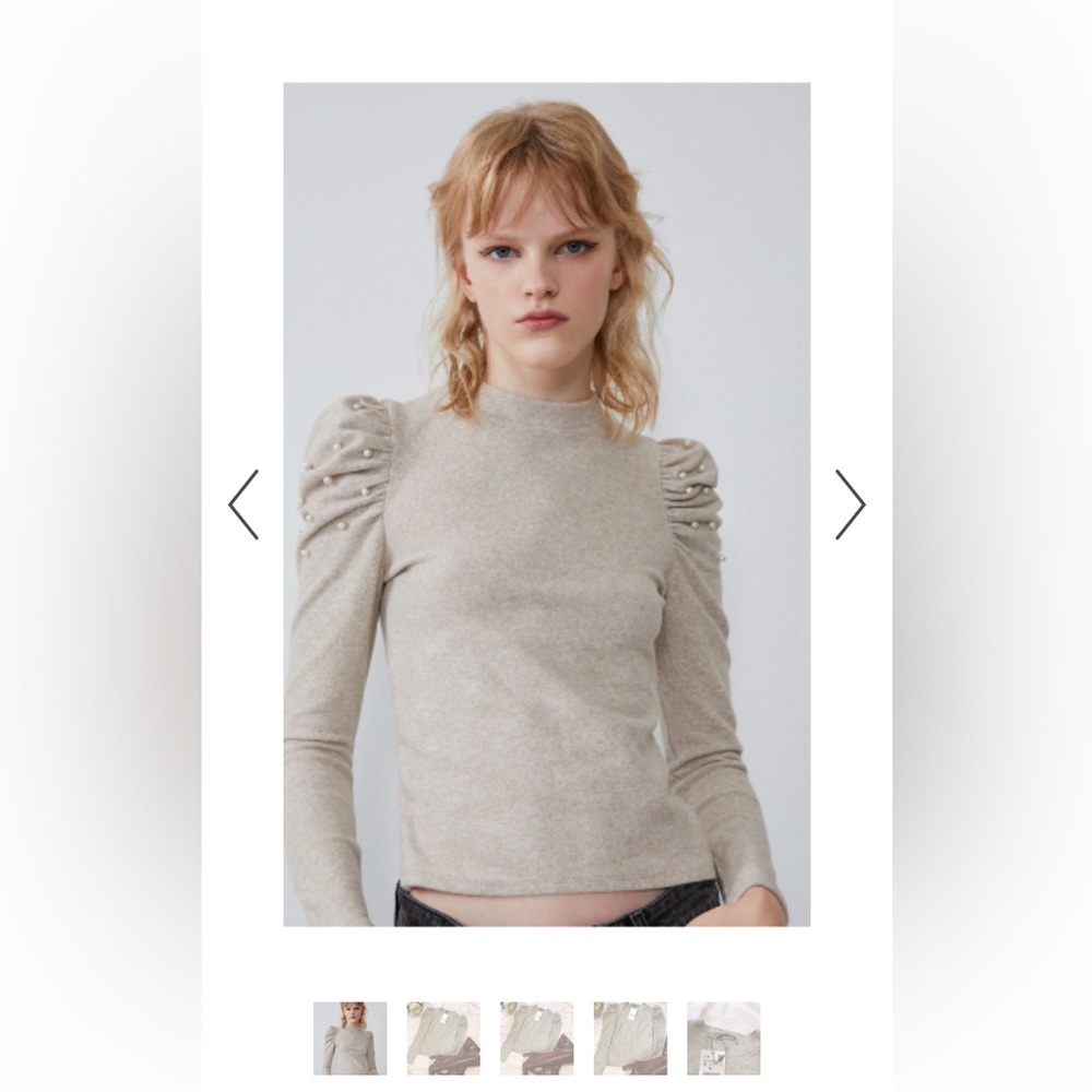 Zara oatmeal puff sleeve top with pearls